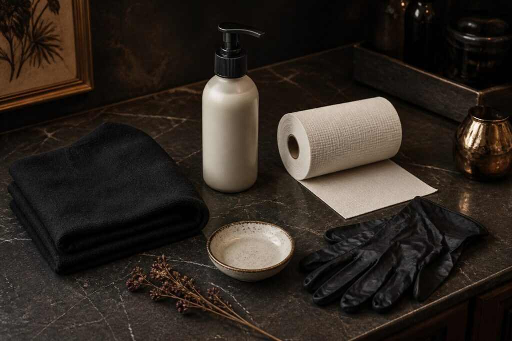 Clean unbranded tattoo aftercare supplies on a dark studio counter