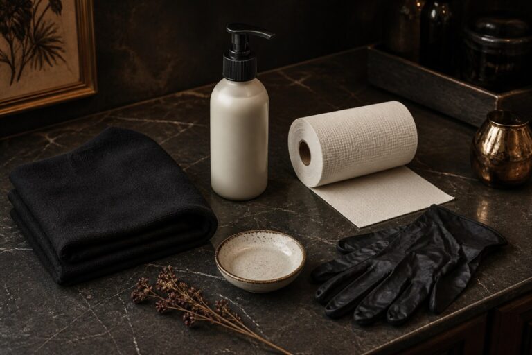 Clean unbranded tattoo aftercare supplies on a dark studio counter