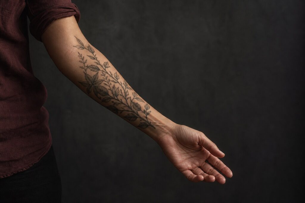 Healed botanical forearm tattoo showing natural placement and flow