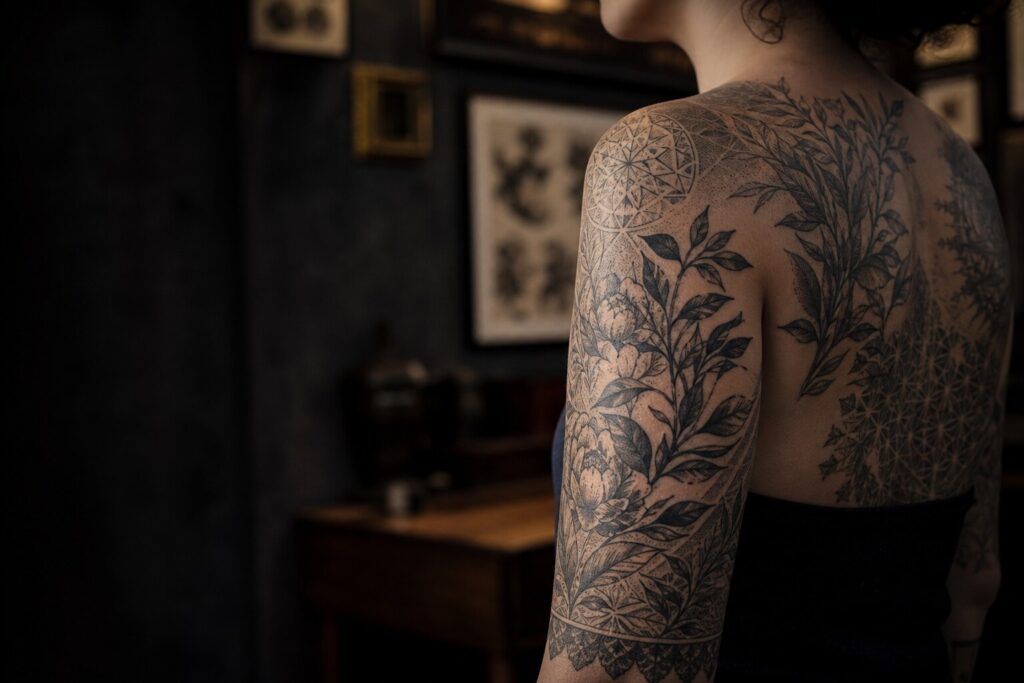 Healed botanical and geometric blackwork tattoos in a dark studio
