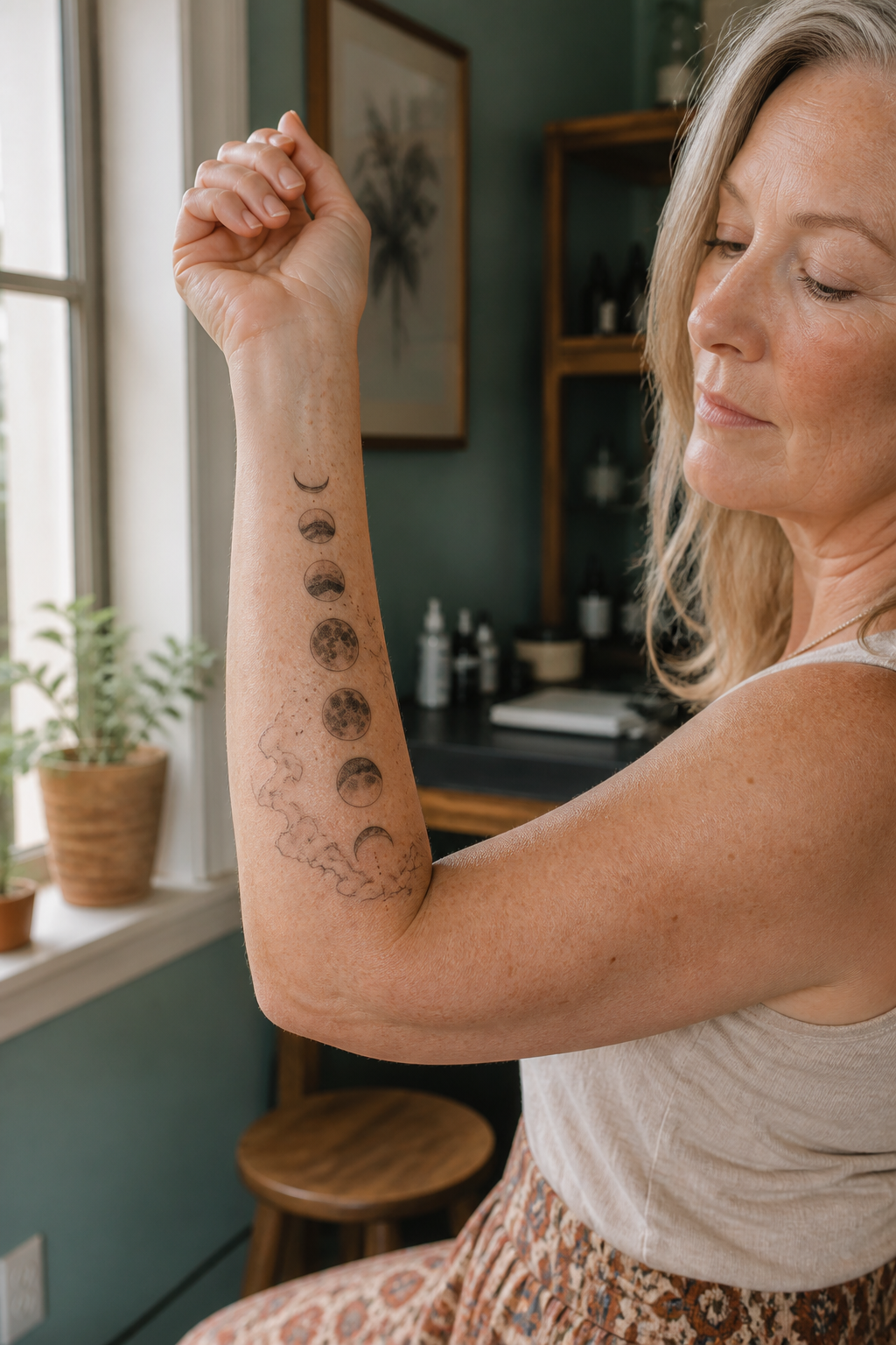 Moon phase and cloud outer-forearm tattoo