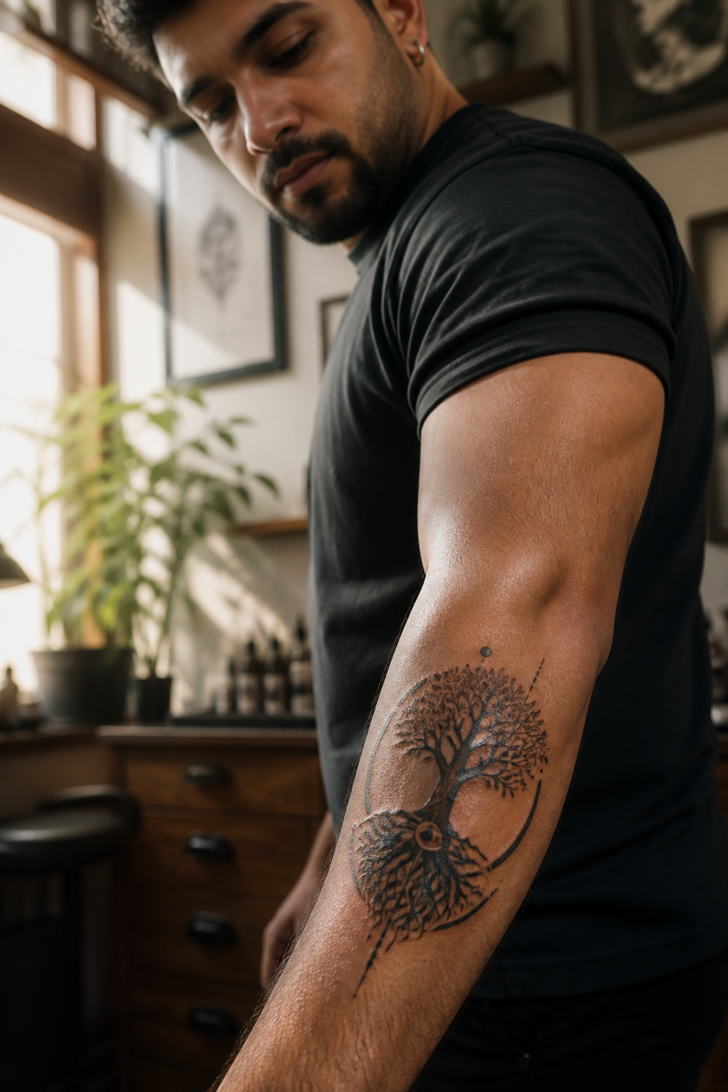Geometric rooted tree outer-forearm tattoo