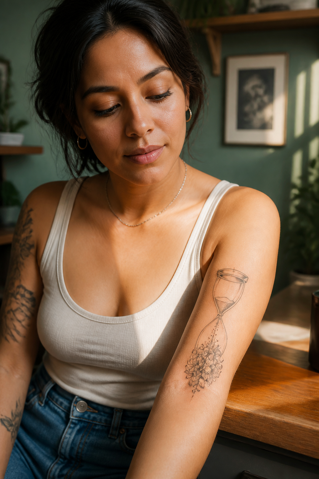 Hourglass turning into wildflowers forearm tattoo