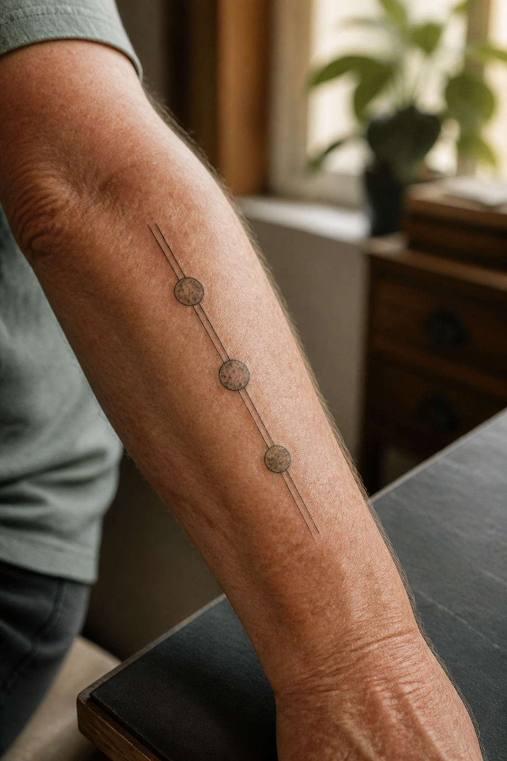 Minimal abstract path outer-forearm tattoo