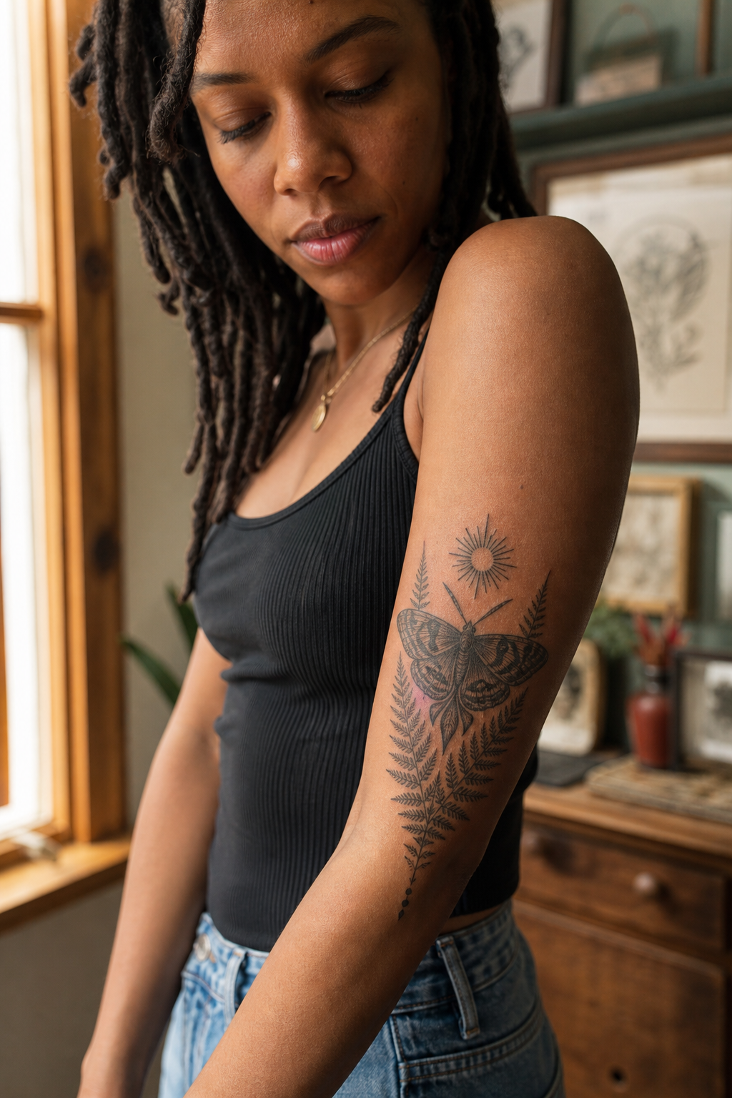 Moth sunburst and fern outer-forearm tattoo