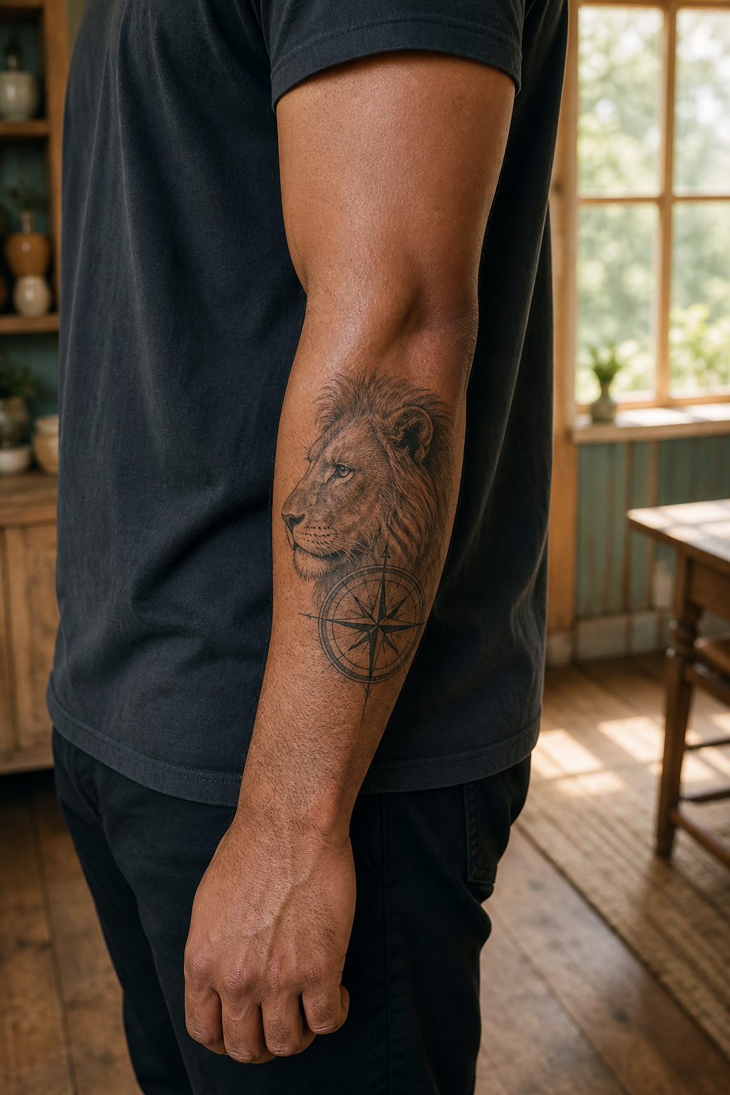 Lion Compass tattoo shown from a distinct editorial angle