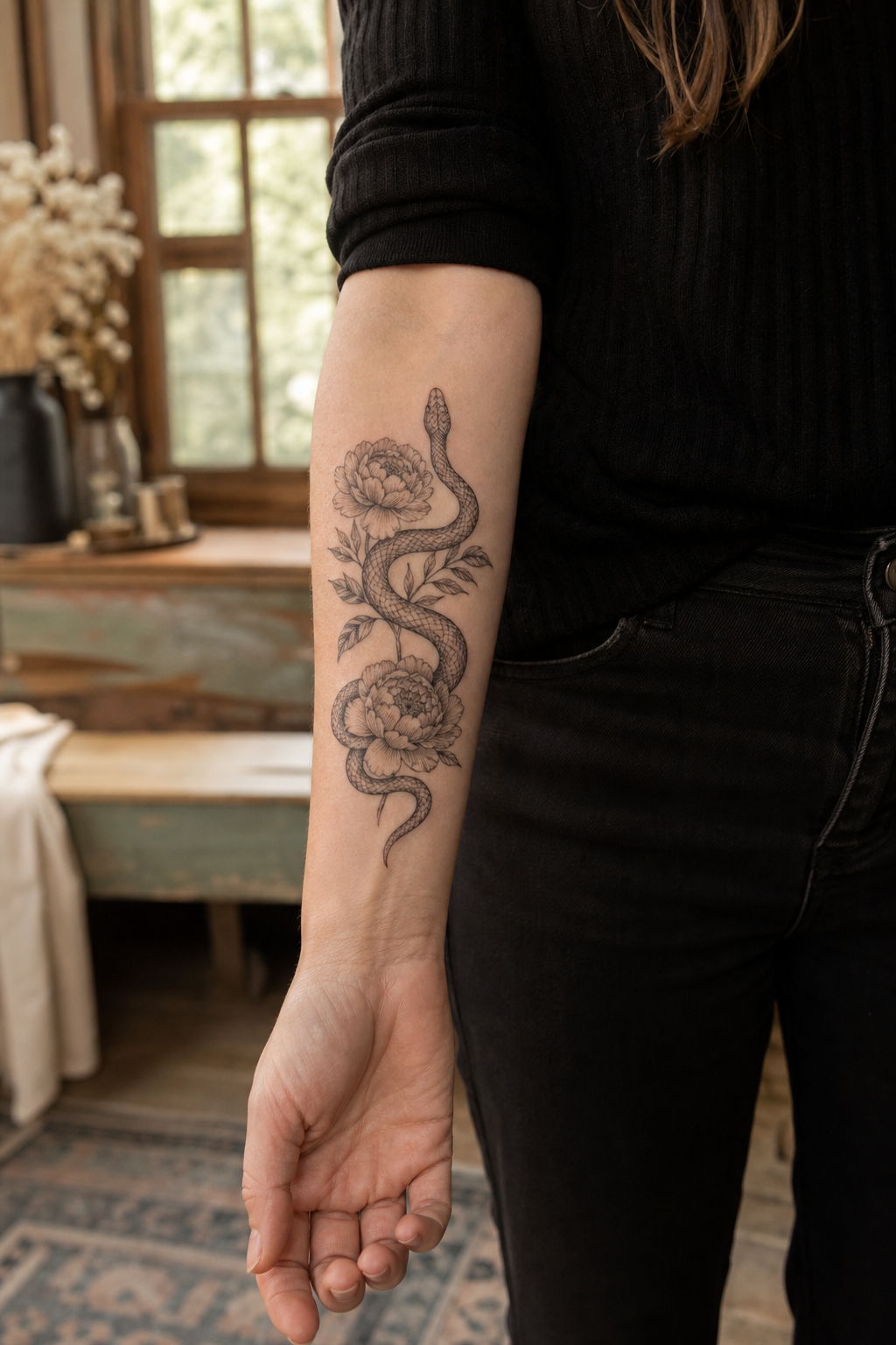 Snake Peonies tattoo shown from a distinct editorial angle