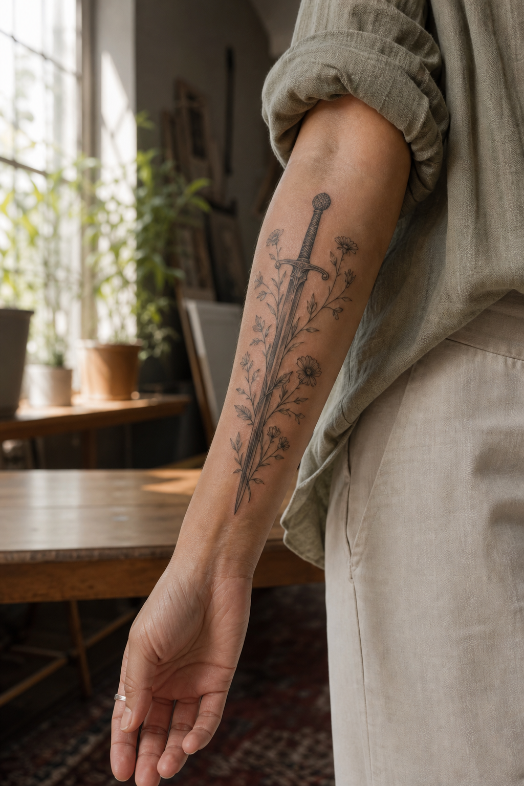 Sword Wildflowers tattoo shown from a distinct editorial angle