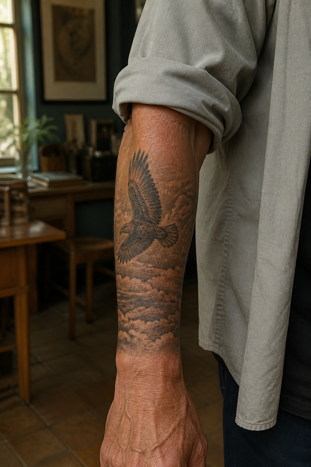 Eagle Clouds tattoo shown from a distinct editorial angle