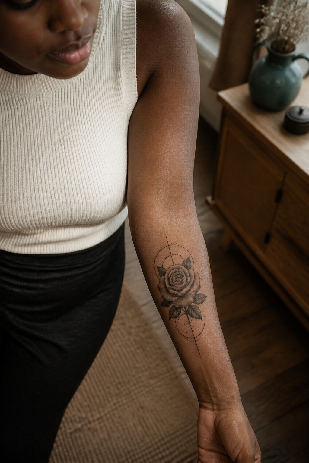Rose Geometry tattoo shown from a distinct editorial angle