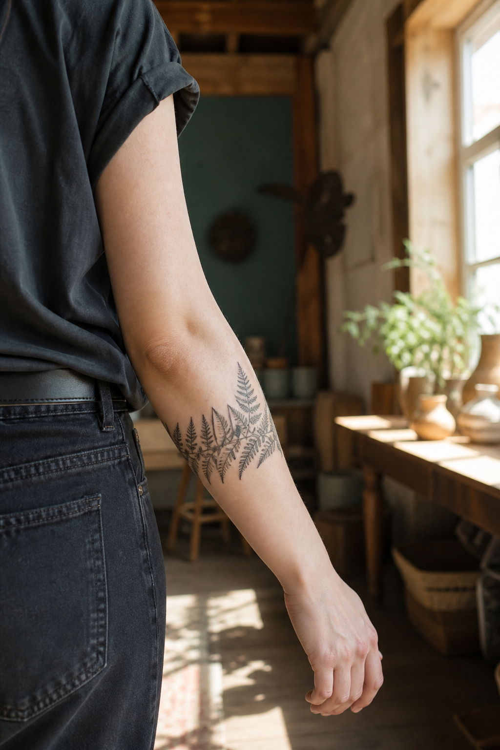 Fern Armband tattoo shown from a distinct editorial angle