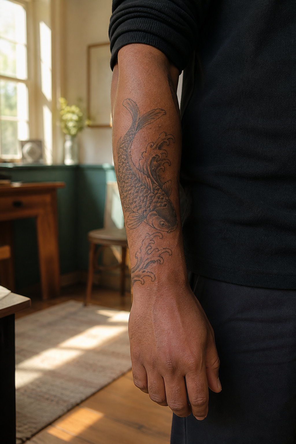 Koi Wave tattoo shown from a distinct editorial angle
