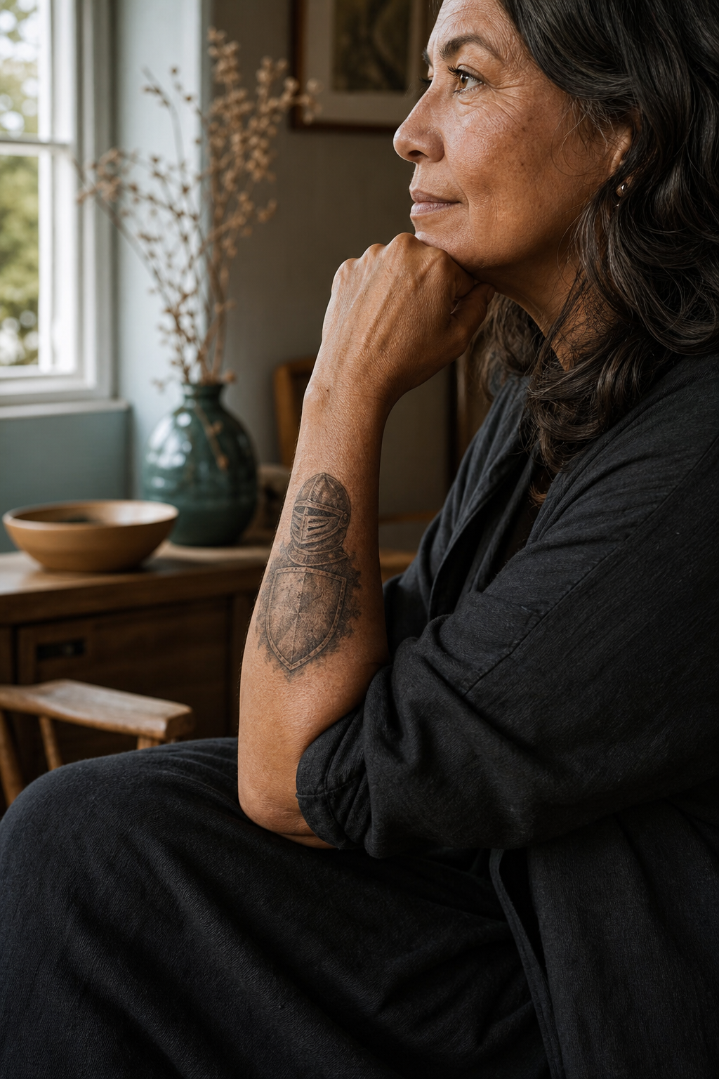 Knight Shield tattoo shown from a distinct editorial angle