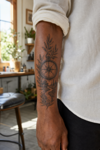 Botanical compass and winding path outer-forearm tattoo