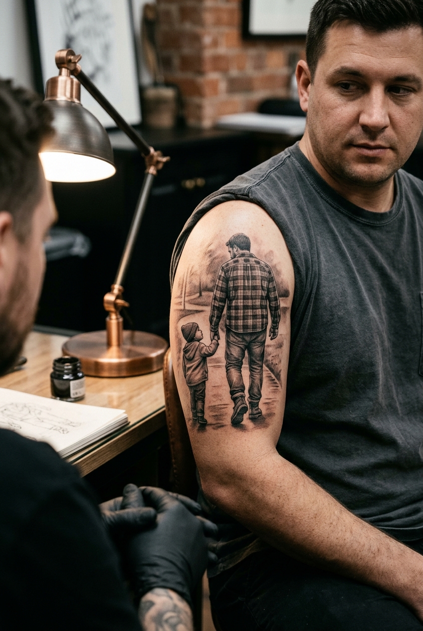 Father-Child Walking Silhouette - tattoo ideas for dad