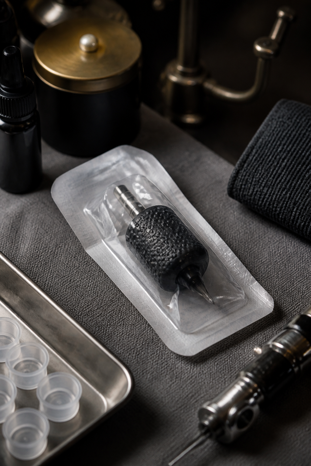 disposable molded tattoo machine grip in sterile packaging