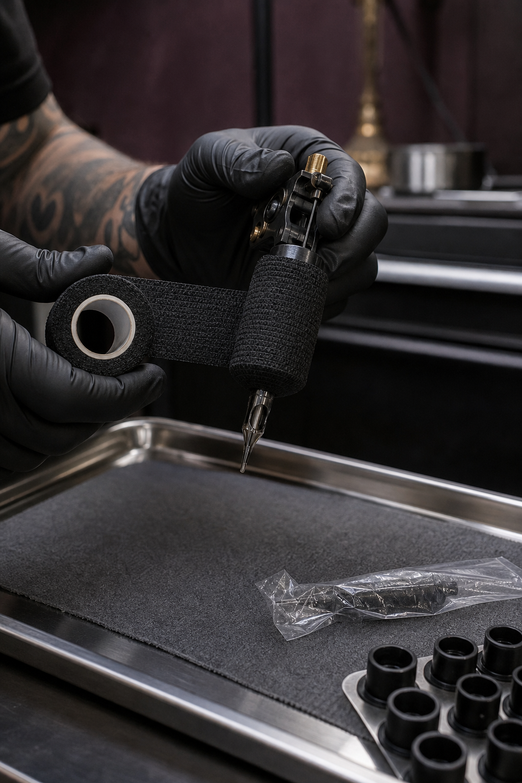 black cohesive wrap applied to an unbranded tattoo machine grip