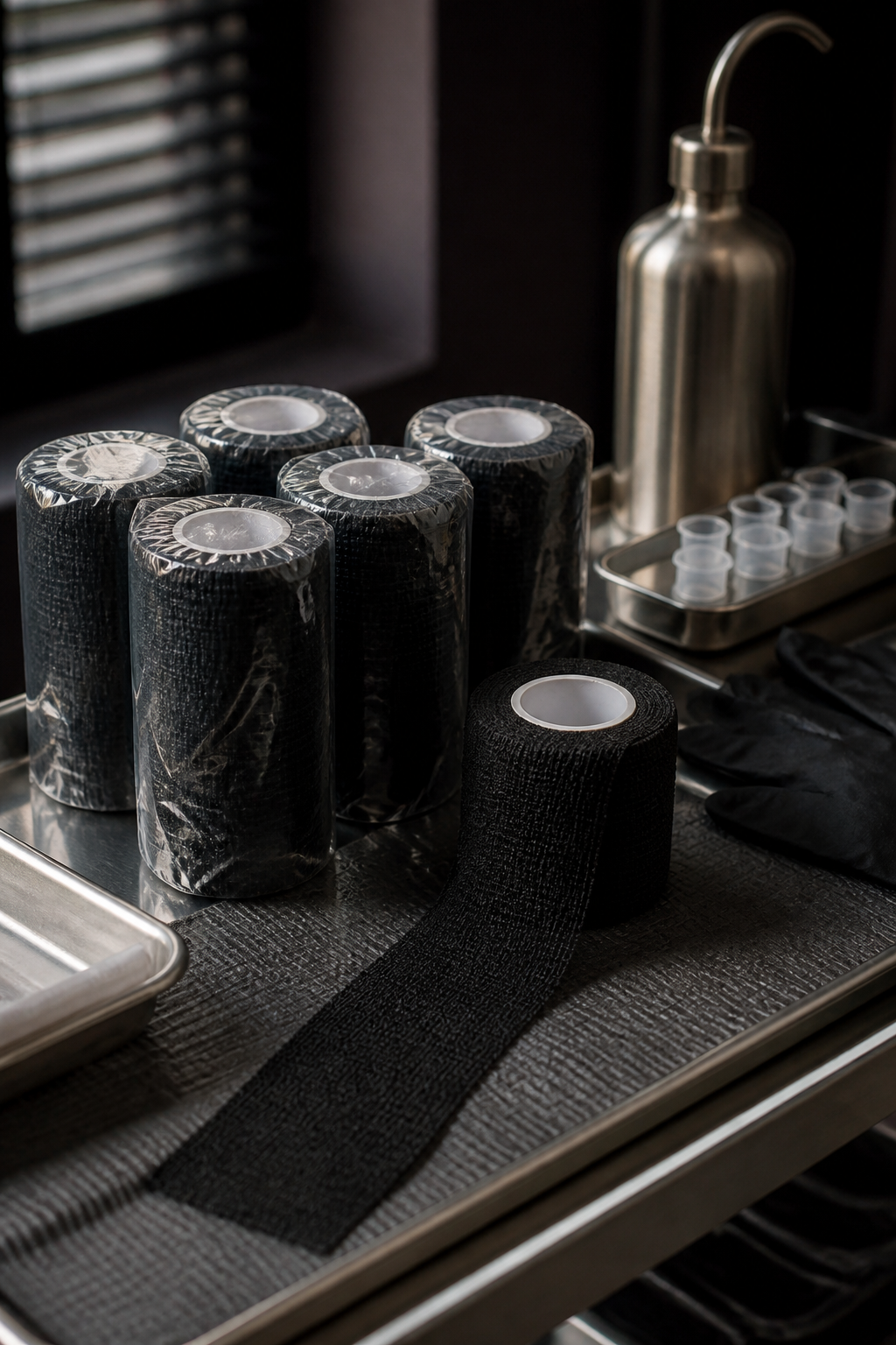 clean cohesive tattoo grip wrap rolls organized for studio use