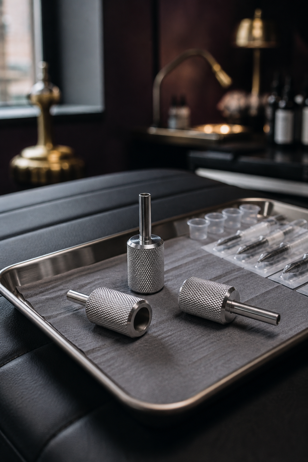 lightweight knurled aluminum tattoo grips on a sterile tray