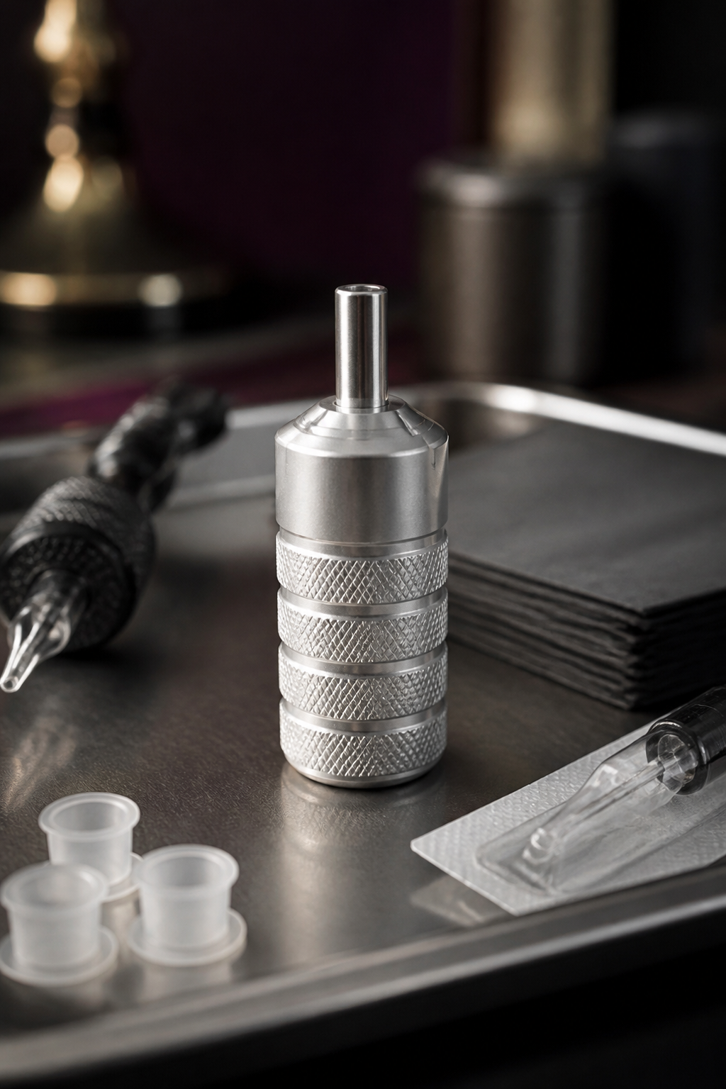 tattoo machine grip guide showing a compact metal grip and fit details