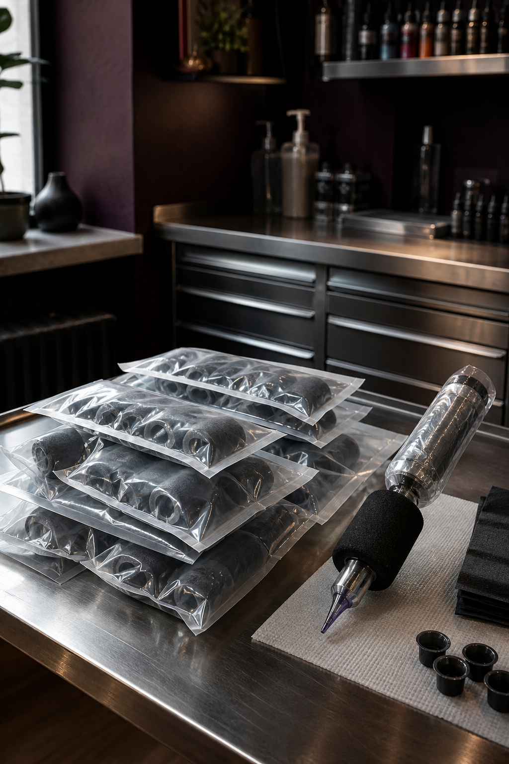 disposable foam tattoo grip sleeves in a clean studio setup