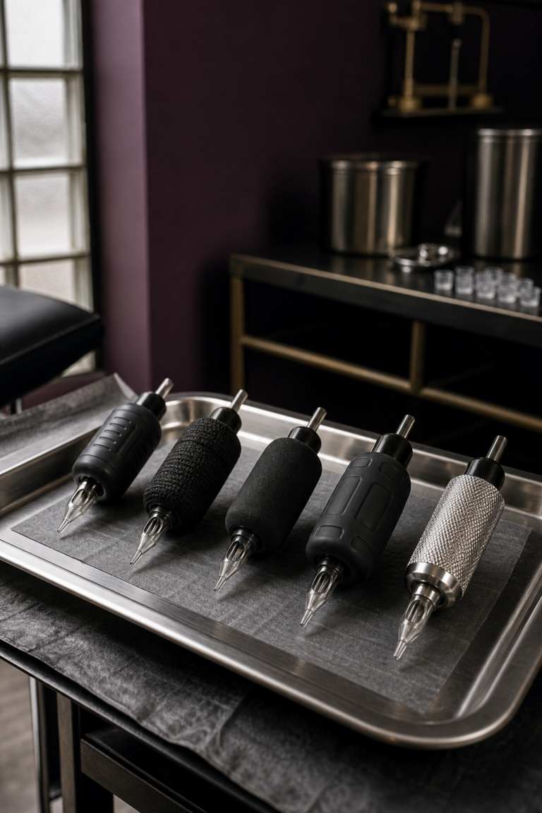 tattoo machine grip guide comparing clean grip types in a studio