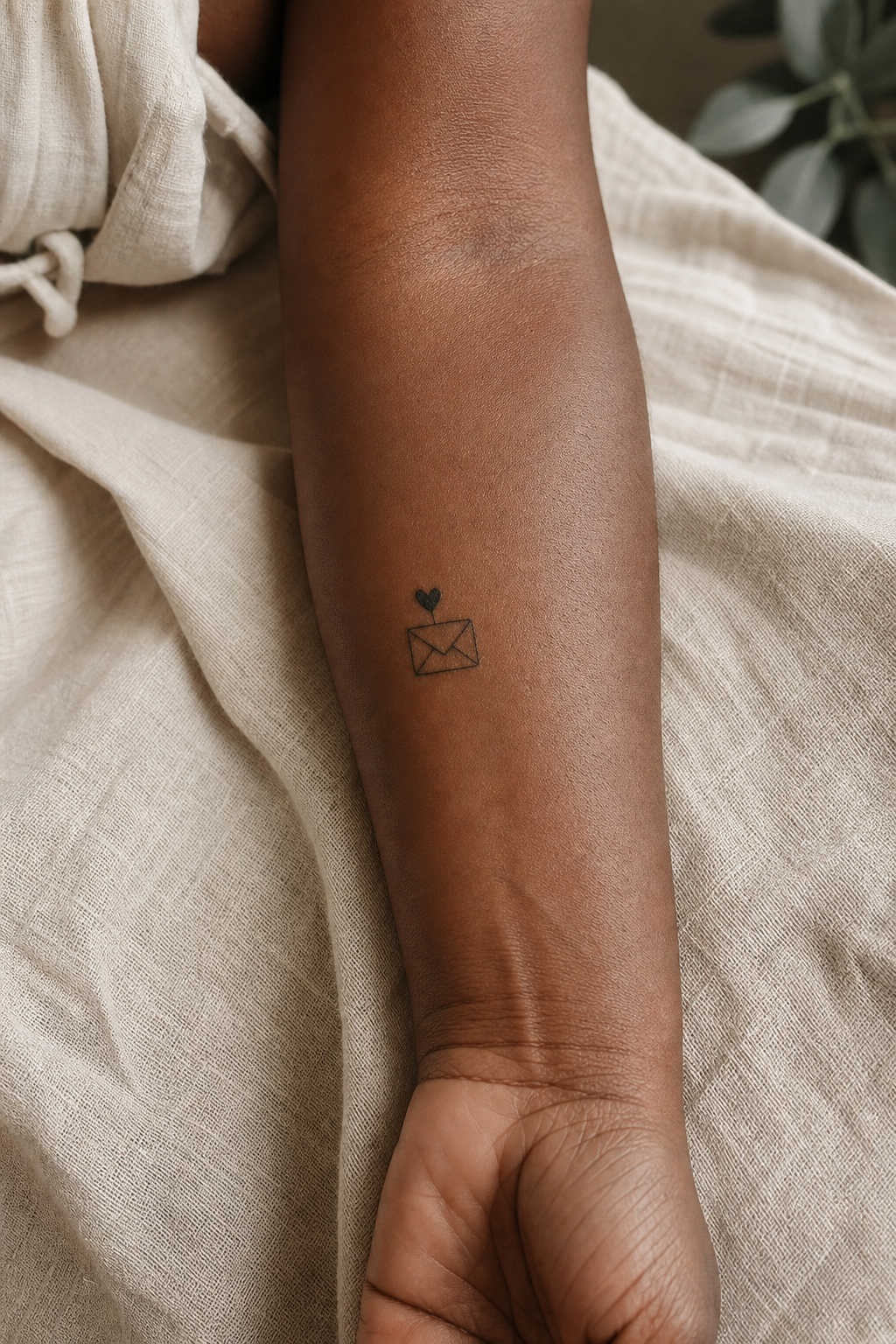 Tiny love letter and heart inner-forearm tattoo