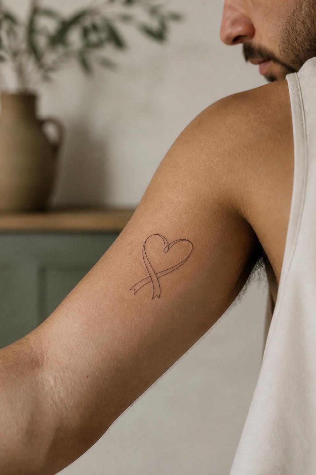 Fine-line ribbon heart upper-arm tattoo