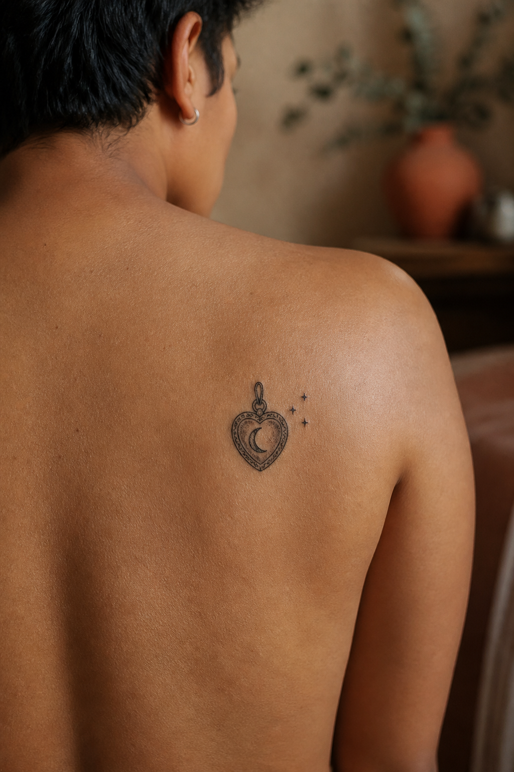 Celestial heart locket shoulder-blade tattoo