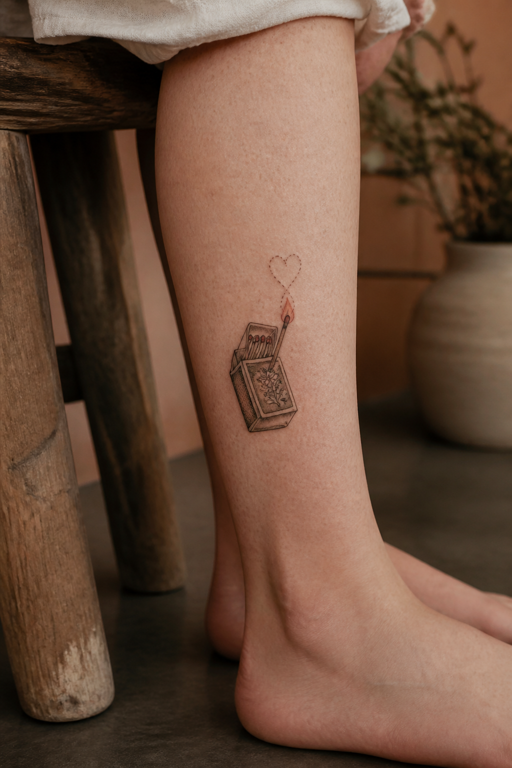 Vintage matchbook and heart spark calf tattoo