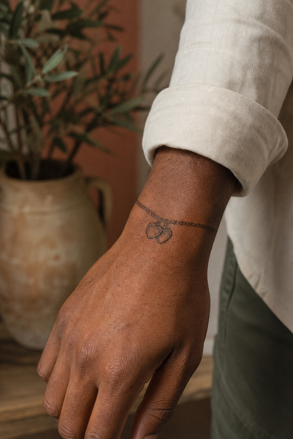 Linked heart charm wrist tattoo