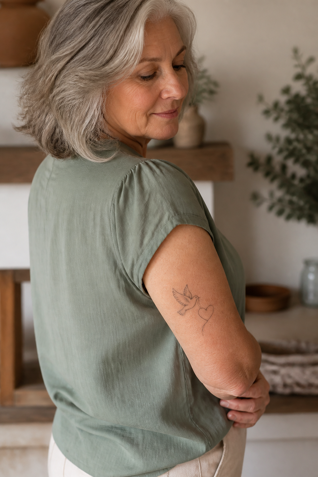 Fine-line dove and heart ribbon upper-arm tattoo