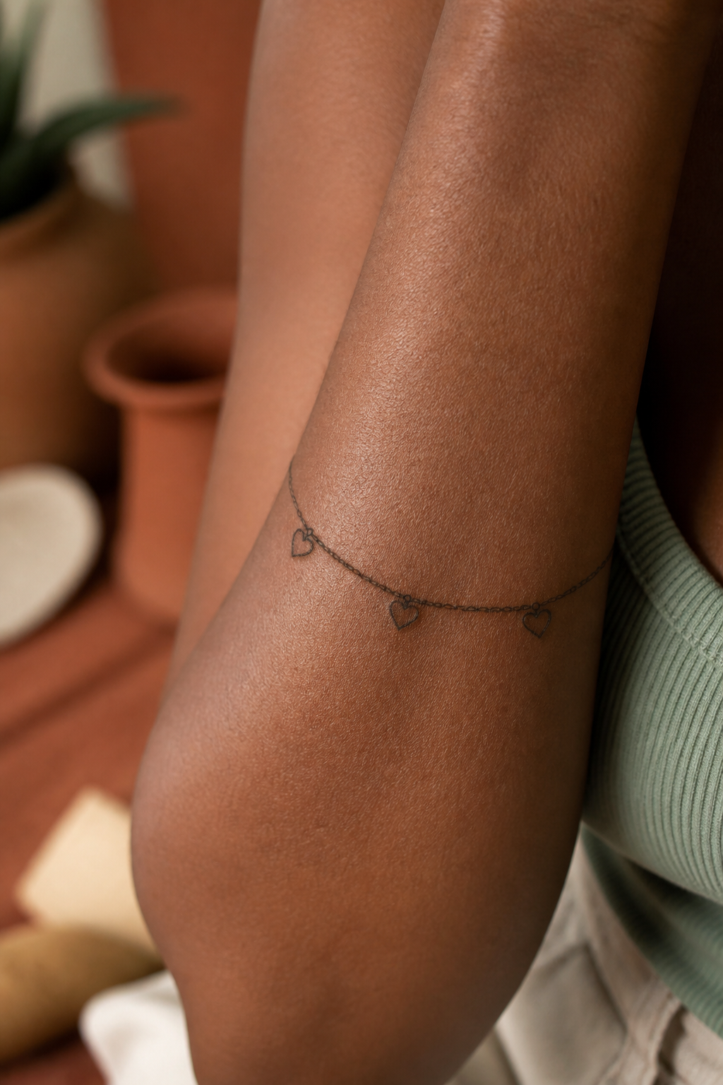 Heart Chain tattoo shown from a distinct editorial angle