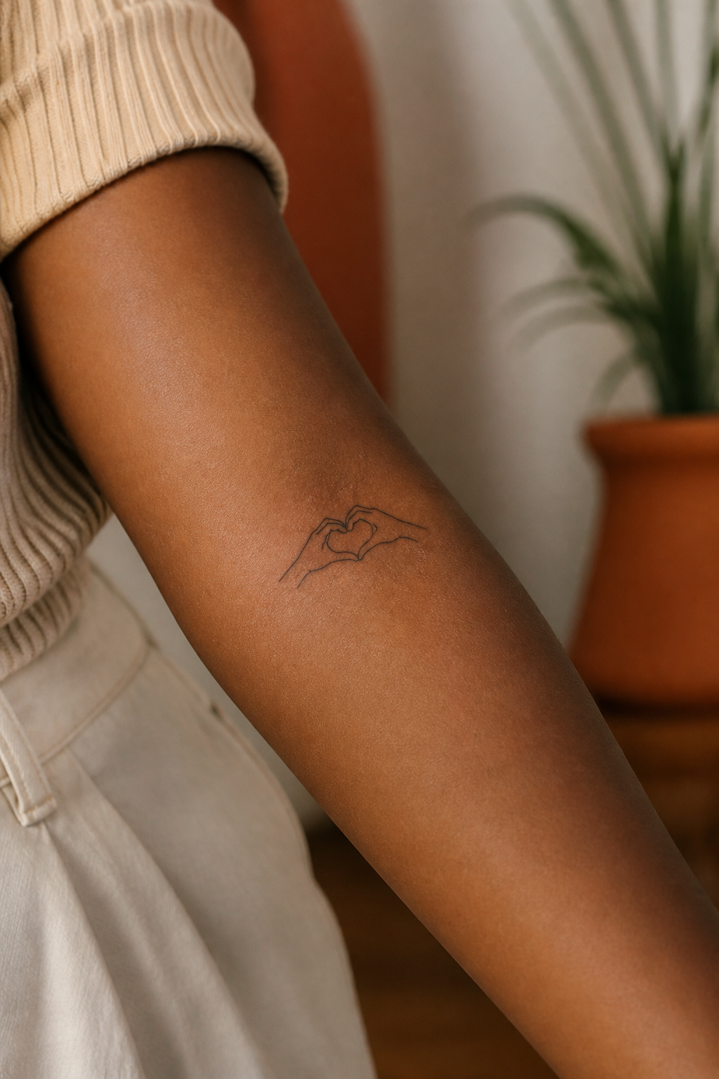 Hand Heart Symbol tattoo shown from a distinct editorial angle