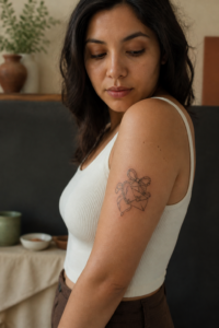 Romantic botanical heart flash tattoo on an upper arm