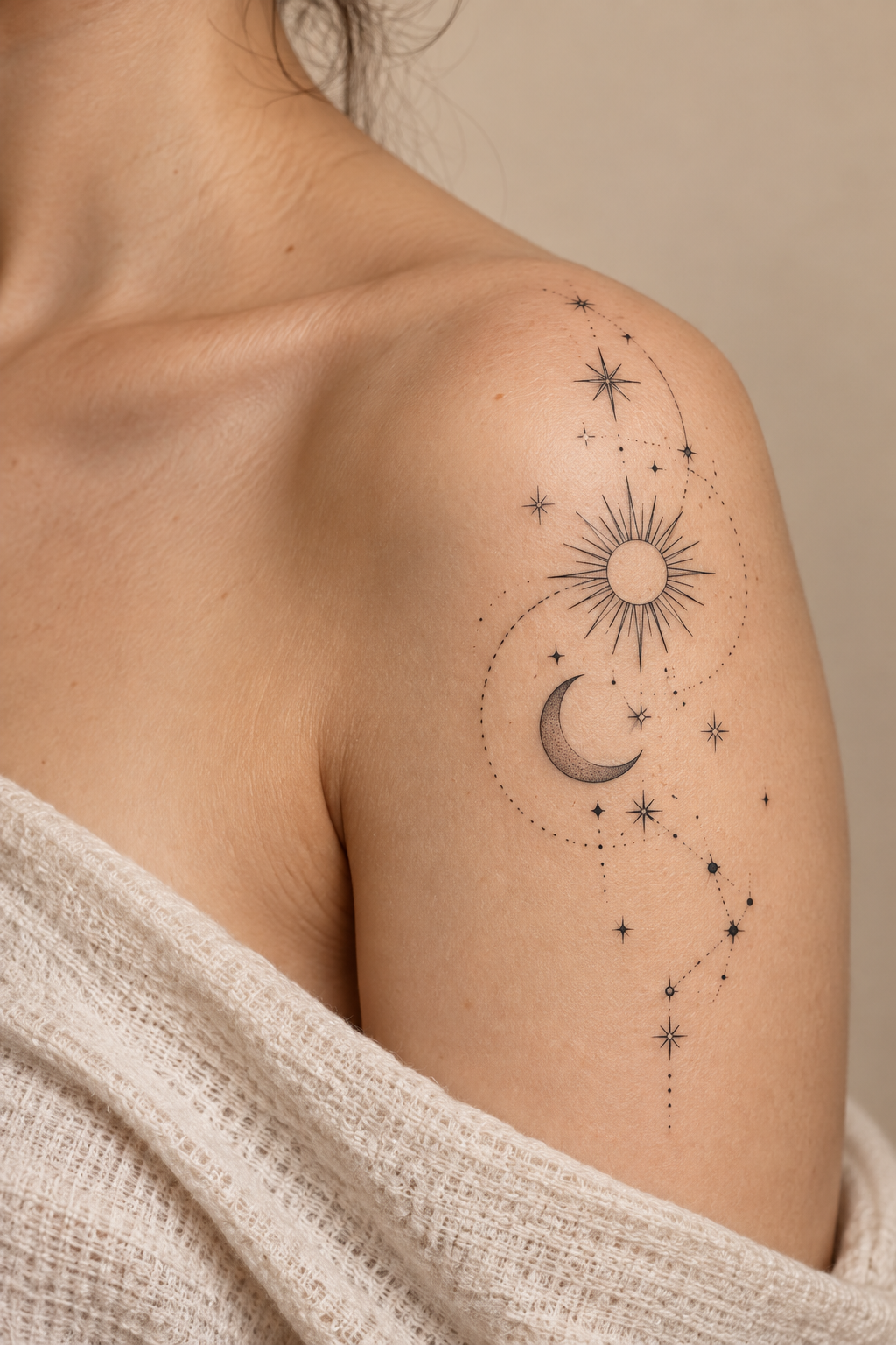 Tiny Stars and Celestial Symbols small face tattoo idea