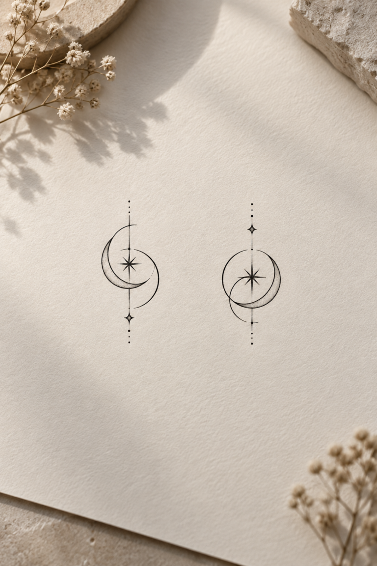 Small matching tattoo ideas arranged as fine-line editorial sketches