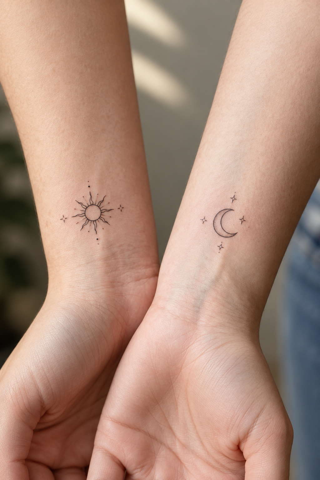 Tiny Sun and Moon small sister tattoos idea