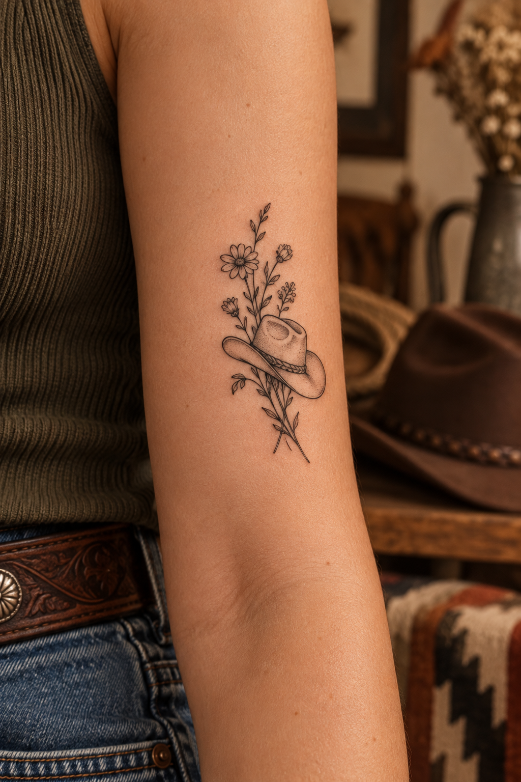 Wildflower and Hat small western tattoos idea