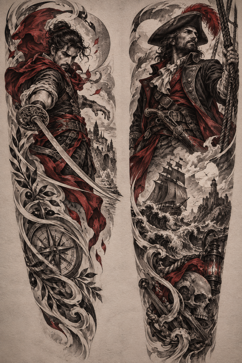 Zoro and Luffy sleeve art One Piece tattoo idea