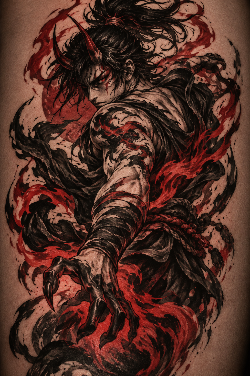 Flame-led sleeve tattoo One Piece tattoo idea