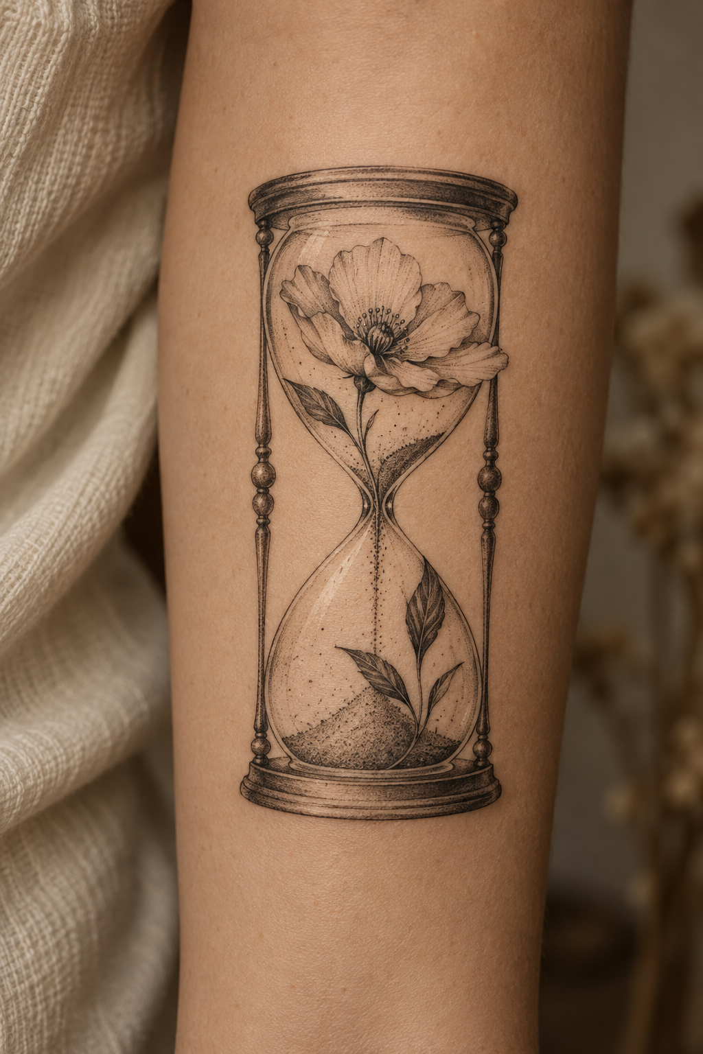 hourglass with a single bloom tiny memento mori tattoos