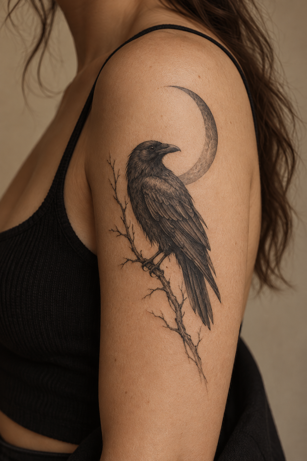 fine-line raven and moon tiny memento mori tattoos