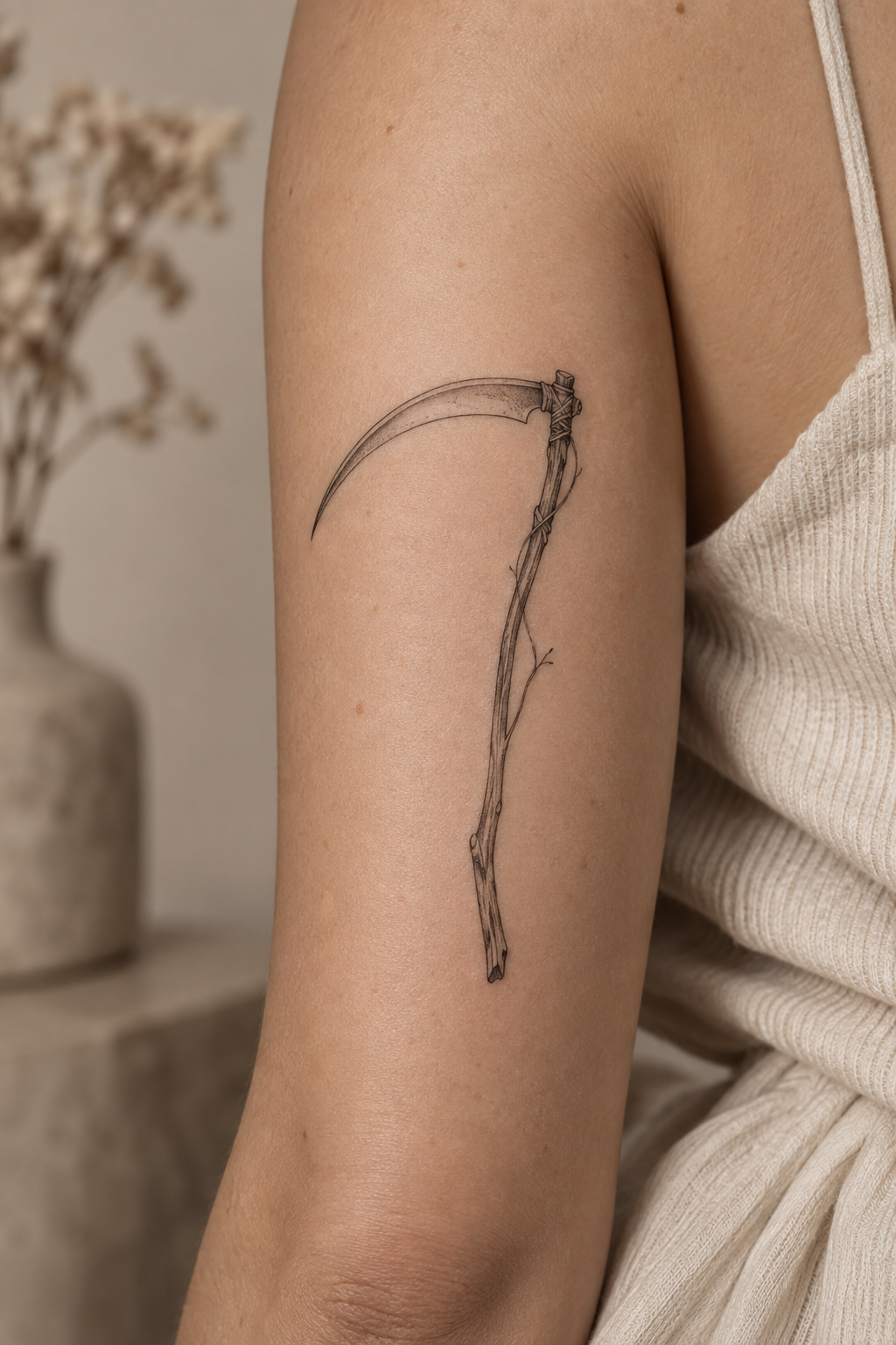 minimalist scythe symbol tiny memento mori tattoos