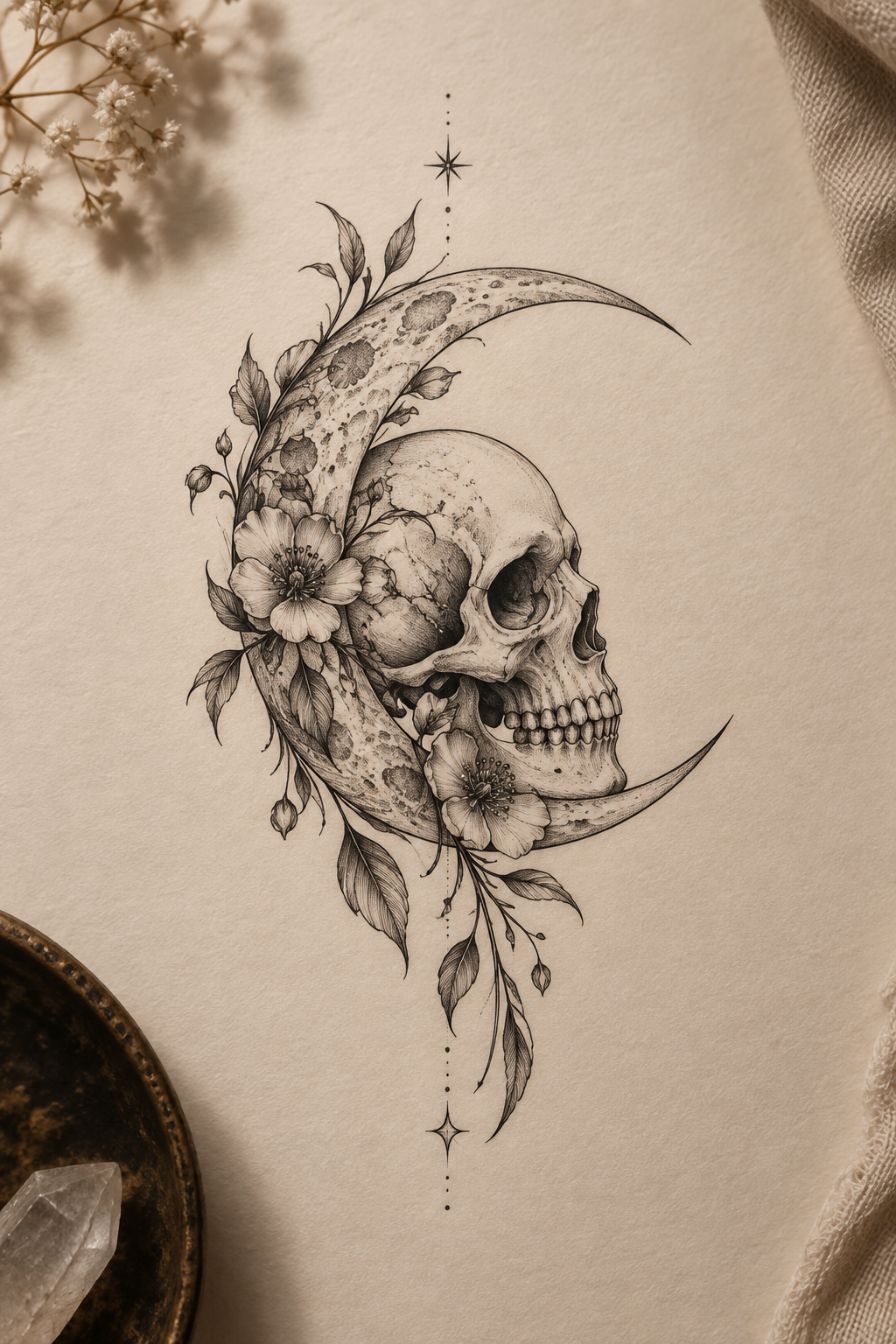 crescent moon with a skull tiny memento mori tattoos