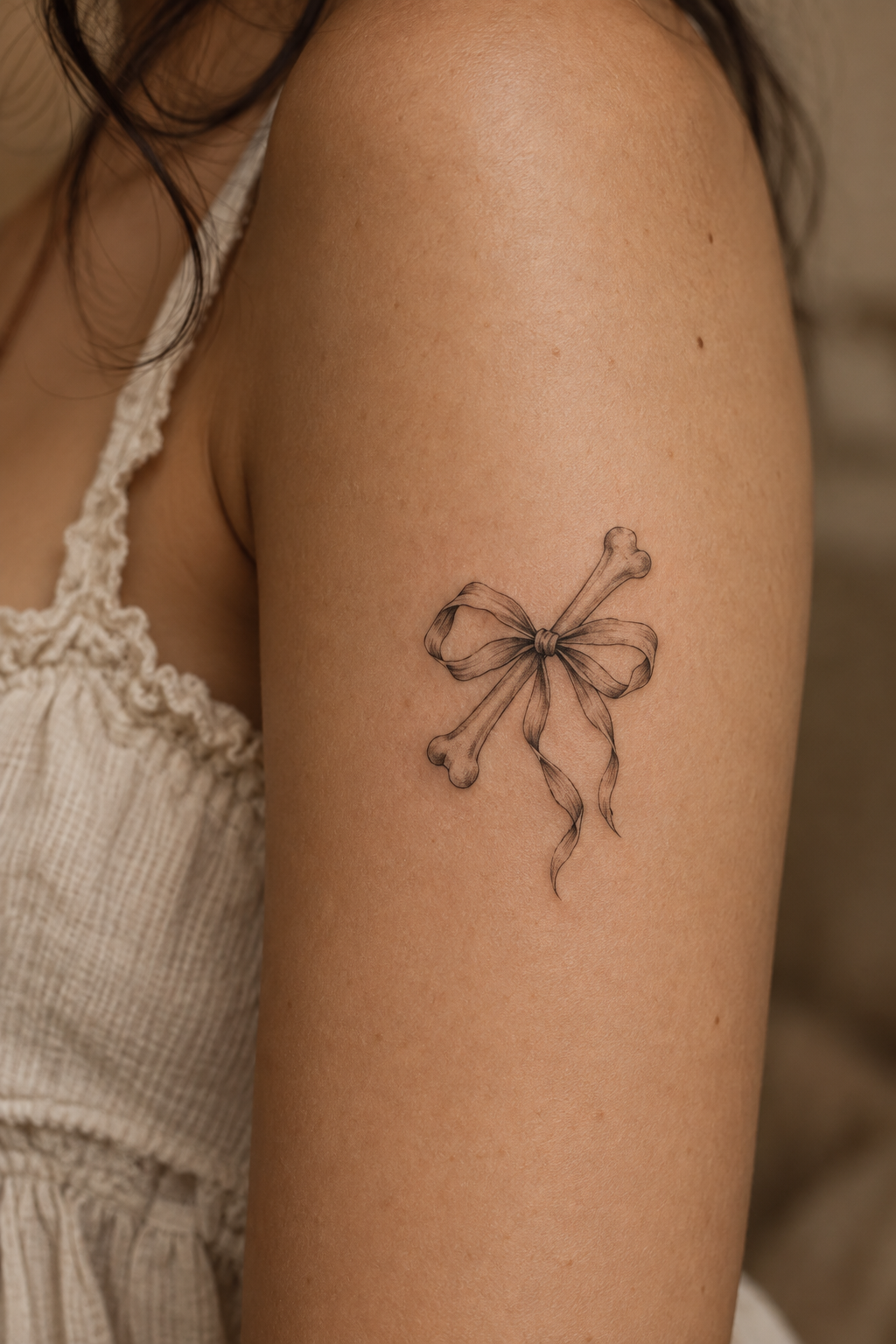 small black bow and bone tiny memento mori tattoos