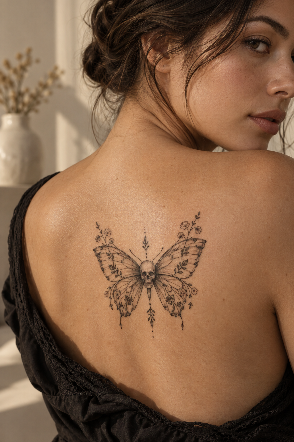 butterfly with a tiny skull tiny memento mori tattoos