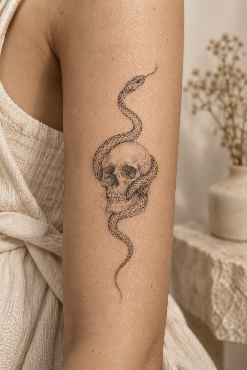 snake circling a small skull tiny memento mori tattoos