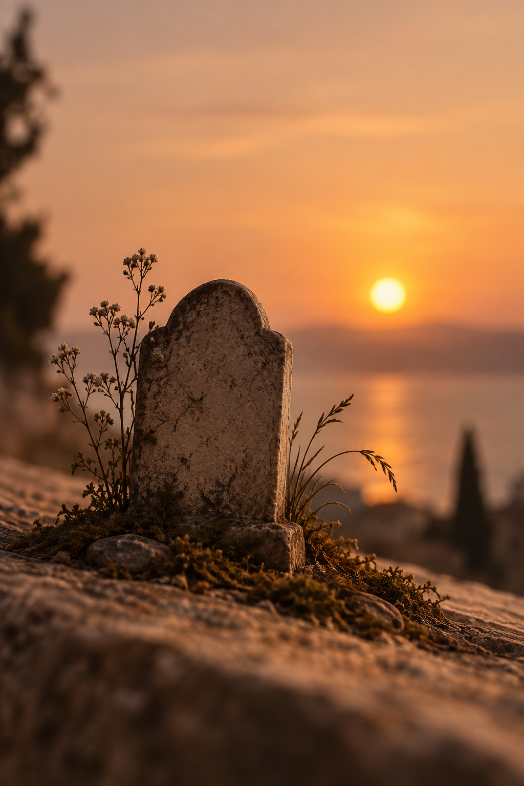 sunset over a miniature grave marker tiny memento mori tattoos