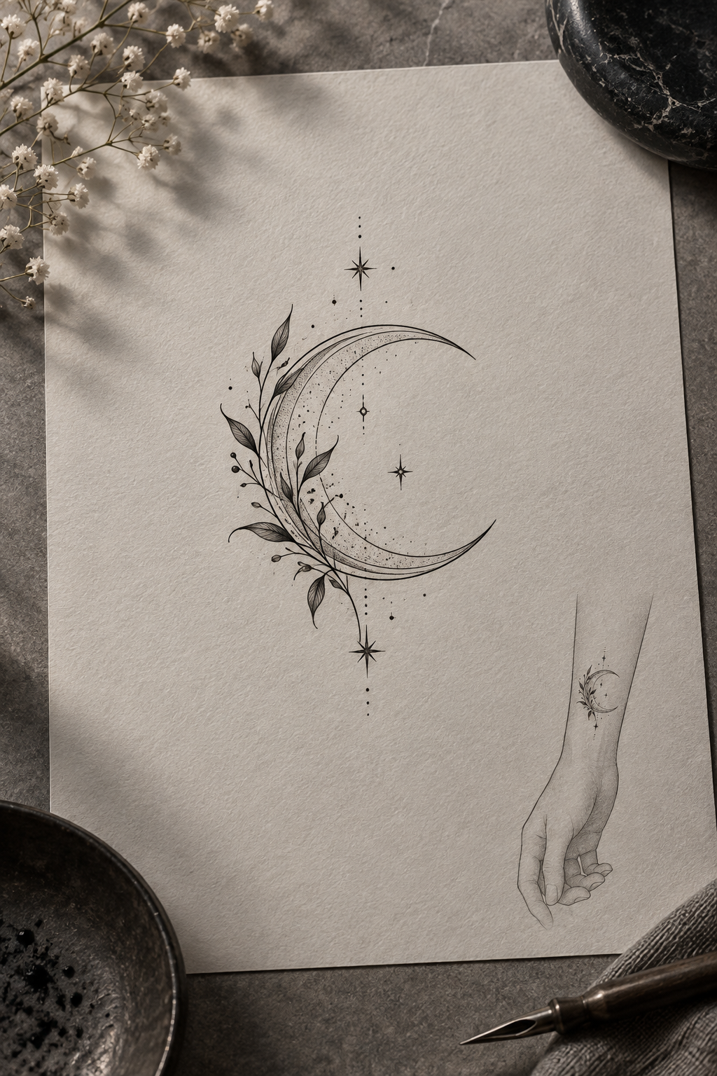 Crescent outline small moon tattoo idea